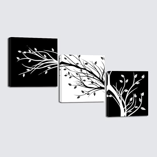 Pyradecor 3 paneles abstractos de hojas en blanco y negro, impresiones en lienzo de árboles florales, cuadros sobre lienzo, arte de pared para