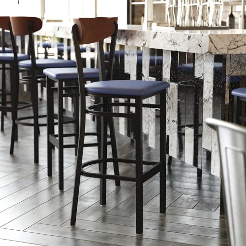 Image of Flash Furniture Wright Commercial Barstool - Walnut Finish Wood Boomerang Back - Blue Vinyl Seat - 500 LB. Capacity Black Steel Frame - Integrated Footrest