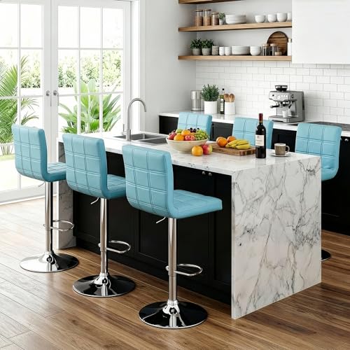 Image of ZENY Set of 4 Adjustable Swivel Barstools, Modern PU Leather Kitchen Counter Bar Stools, Square Back Bar Stool (Blue)