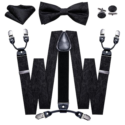 Image of YOHOWA Men Suspenders 6 Clips Strength Adjustable Y Braces Pre-Tied Bow Tie Set Formal Wedding Party