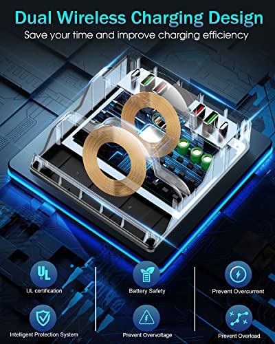 TPfocus Wireless Charging Station with 6 USB Ports, 8 in 1 15W Dual Wireless Charger Station, 2 QC/2 PD USB Fast Charging Station, 80W Phone Charger for iPhone14/13/12/11/X/Samsung/Android/iWatch