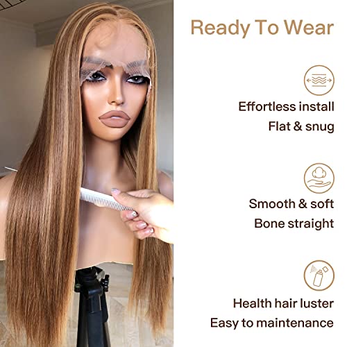 BrownBomb Honey Blonde Lace Front Wig - Pre Plucked, Ready to Wear, HD Glueless 13X5X1 - Highlight Synthetic Straight Wig for Women, SunKissed 4/27 Ombre Honey Blonde