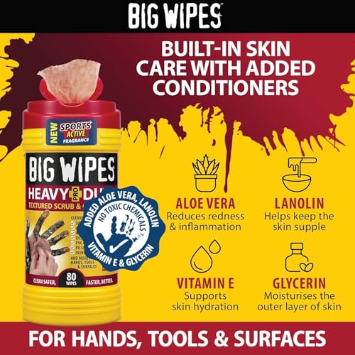 Image of BIG WIPES Heavy Duty Industrial Hand Cleaning Wipes, Textured Scrubbing Degreaser Wipes for Mechanics and Tool Cleaner - 80 Count Canister (2 Pack)