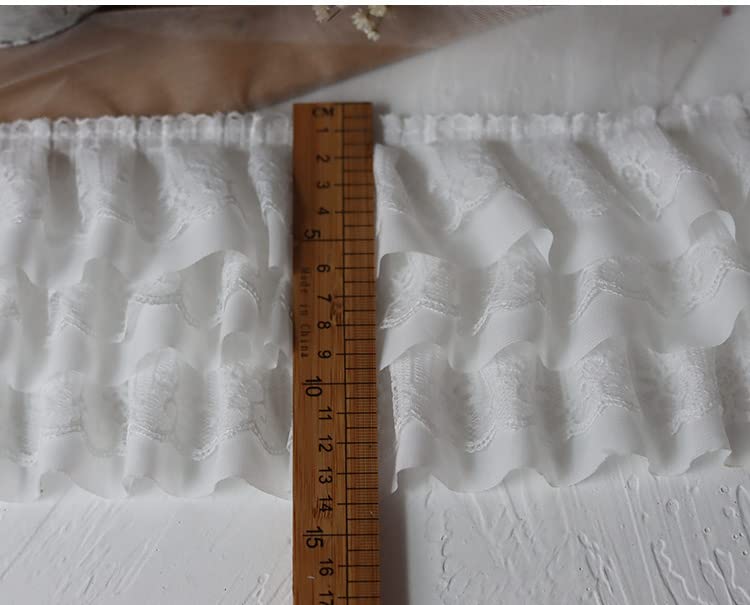 Yulakes 3D-vouwnet, chiffon-stof, organza kantlint, geborduurd, ruches, kanten trim, doe-het-zelf, jurk, kleding, kraag, naaidecoratie, 12 cm breed, wit