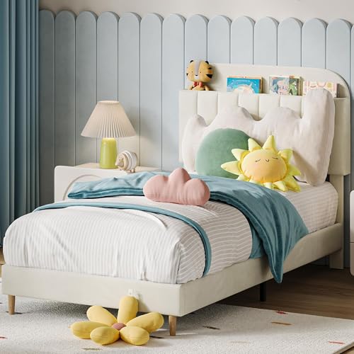 Upholstered Twin XL Bed Frame with Bookcase Headboard