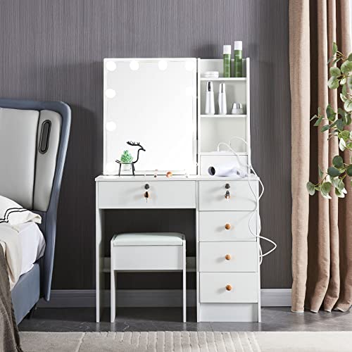Lucaseone Vanity Makeup Table With Lighted Mirror And Charging Station, Vanity Desk With Storage Drawers And Shelves Makeup Table Cushion Stool (41306Usb) #TOP3