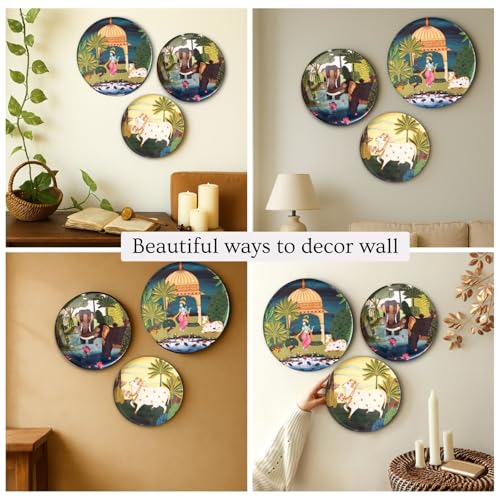 Image of RITUALISTIC Dwarka Pichwai Wall & Table Decor | Divine Tabletop Frame | Spiritual Home & Office Decoration | Wooden Stand | Mandir, Living Room & Gift | 8, 10 & 12 Inch | Set of 3