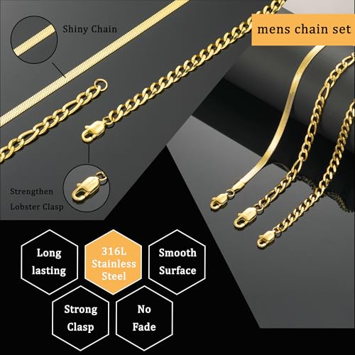 Zocomi 3 PCS Chain Necklace for Men Women, Stainless Steel Cuban Link/Figaro/Herringbone Chains Set Jewelry Gifts, 16/18/20/22/24 Inches4