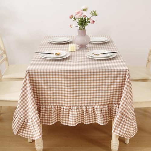 K MASANIJI Taupe White Gingham Ruffled Table Cloth Rectangular for Seat 8-10, 100% Washed Cotton Buffet Cottage Coquette Checker Plaid Vintage Decorative Tablecloth - 120“x60 by K MASANIJI - Used condition - US$30.39