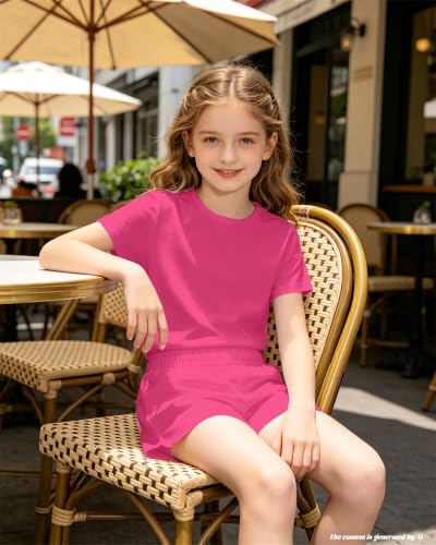 Image of Bestuline Girls Summer 2 Piece Outfits,Basic Short Sleeve Top & Shorts Set with Side Pockets,4-14Y