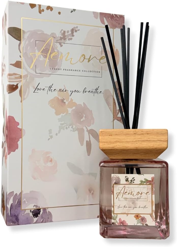 Luxury Reed Diffuser Gift Set, 500ml Glass Bottle with Wood Lid, Natural Bamboo Fiber Reeds, Floral Design, Perfect for Home Fragrance, Aromatherapy, Holiday Gifting (Soft Aura)