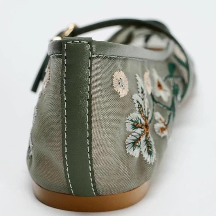 Elbslutt Mesh Ballet Flats for Women Slip On Ballerina Flats Shoes Tulle Floral Embroidered Mary Jane Buckle Strap Round Toe Comfortable Casual Work Dress Shoes,Size 8.5,Green3