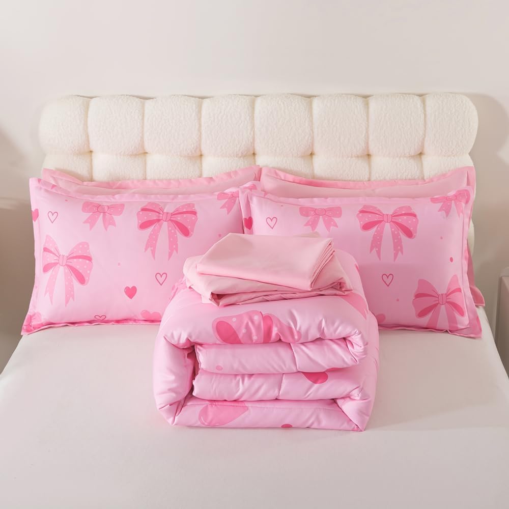 ADASMILE A & S Bow Full Size Comforter Set for Girls, 6 Pieces Bed in A Bag Pink Bow Bedding Sets with Sheets for Kids, Princess Bed Set for Home Decor | Breathable material, Lightweight