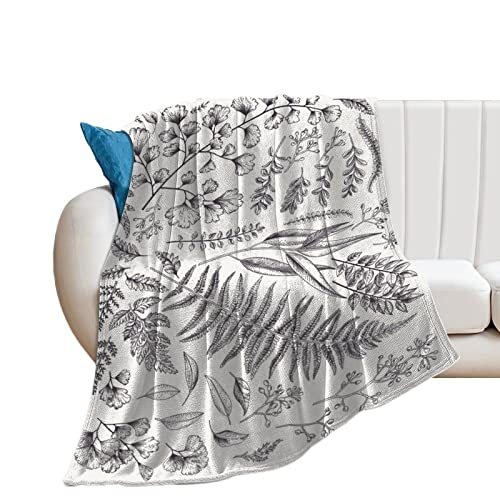 Botanical Spring Floral Vintage Plants Black White Flannel Fleece Throw Blankets 50"X40" Fluffy Winter Fall Blanket Cozy Soft Fuzzy Plush Home Decor For Couch Bed Sofa Bedroom Living Room Travel #TOP1