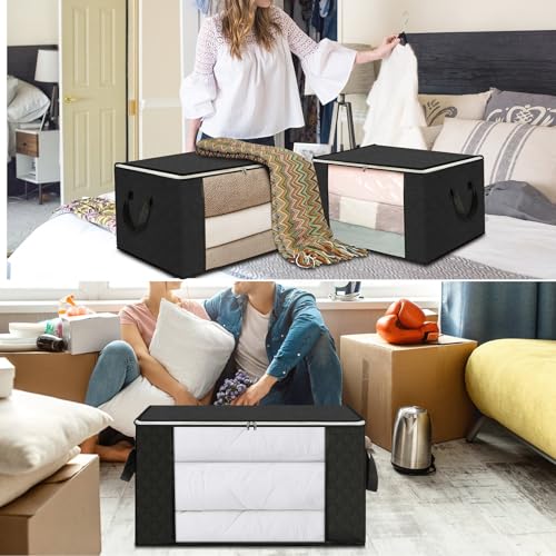 AiQInu Aufbewahrungstasche Groß 90L, 3 Stück Faltbare Kleideraufbewahrung mit Verstärkt Griff, Aufbewahrungstaschen für Bettdecken, Kleidung, Steppdecken, Kissen, 60x44x35CM Schwarz