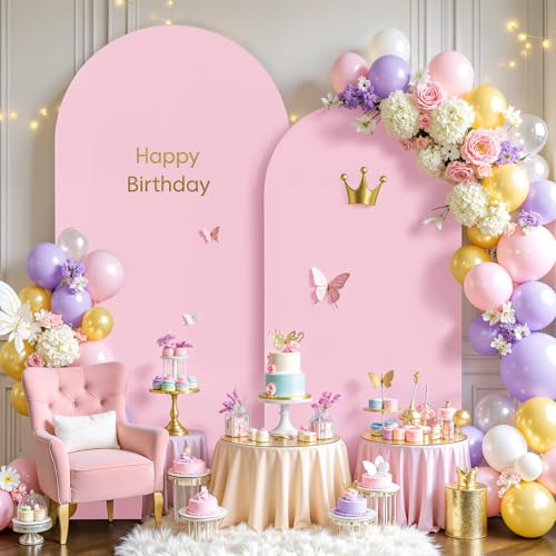 Image of Pale Pink Arch Cover 2 Set-7.2FT and 6FT Arch Backdrop Cover Spandex Fitted Wedding Arch Stand Covers for Baby Shower Girls Birthday Party Bridal Shower Wedding Banquet Photo Background Decorations