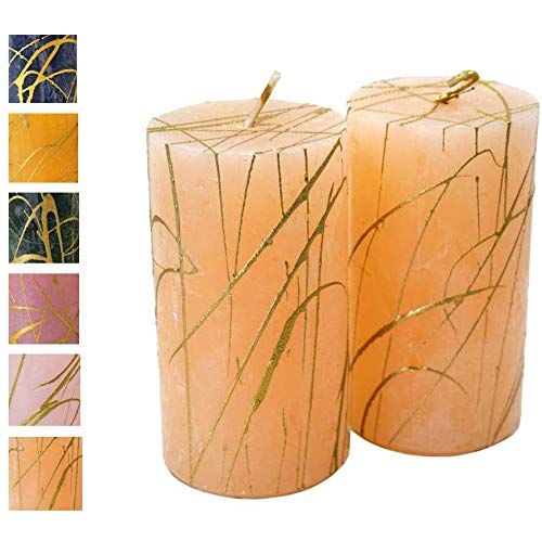 Klocke Kerzen Lot de 2 bougies de l'Avent avec motif doré - Surface rustique - Bougies pilier - Couronne de Noël - Couronne de Noël - Pêche - Hauteur : 11 cm - Diamètre : 6 cm Cover