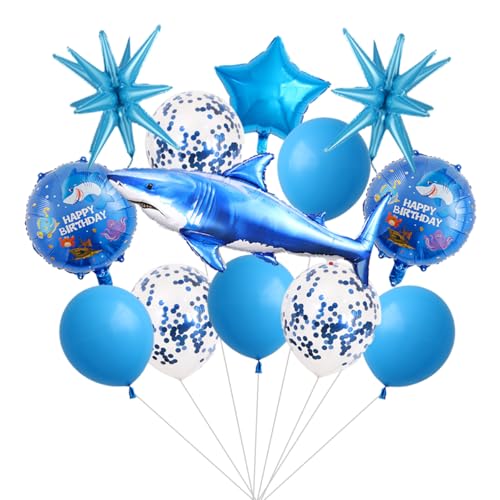 15Pcs Shark Birthday Party Decorations Ocean Theme Balloon Set with Shark Balloons Blue Confetti Balloons Explosion Star Balloons for Boys Under The Sea Birthday Baby Shower Party Decorations