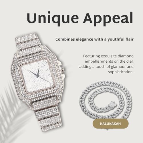Image of Halukakah Diamonds Watch Iced Out for Boy Teens Kids - 18K Real Gold /Platinum Plated,Arabic Numerals Square Dial,Japanese Quartz - 7.3 inch Length - Optional with Cuban Link Chain - for Birthday,Parties