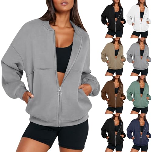 Oversized Zip Up Sweatshirt Women Fleece Bomber Zip Up Jacket Casual Teen Girls Athletic Sweat Jackets with Pockets