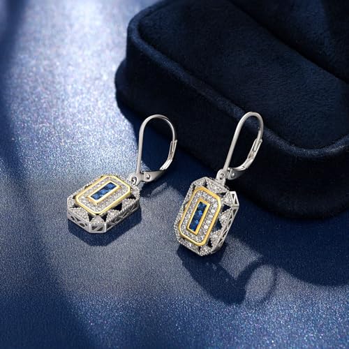 Newshe Vintage Created Blue Sapphire White Cz 925 Sterling Silver Gemstone Dangle Drop Earrings3