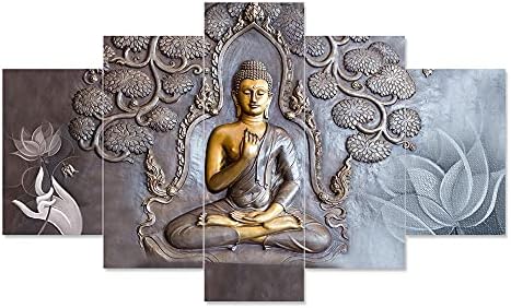 Saumic Craft Set of Five Gautam Buddha 3D Wall Painting with Frame for Home Decoration (75 X 43 CM)(Multicolor)