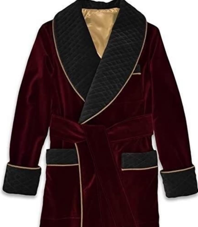 Men's Smoking Robe Maroon Velvet Coat Long Comfortable Quilted Robe For Men Belted Jacket2