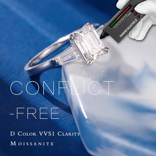 MOOSEA 3 Stone Moissanite Rings for Women, 2ct Emerald D Color VVS1 Clarity Lab Created Moissanite Rings 14K White Gold Vermeil Double Claw Emerald Cut Moissanite 3 Stone Rings for Women Mom Wife Gift2
