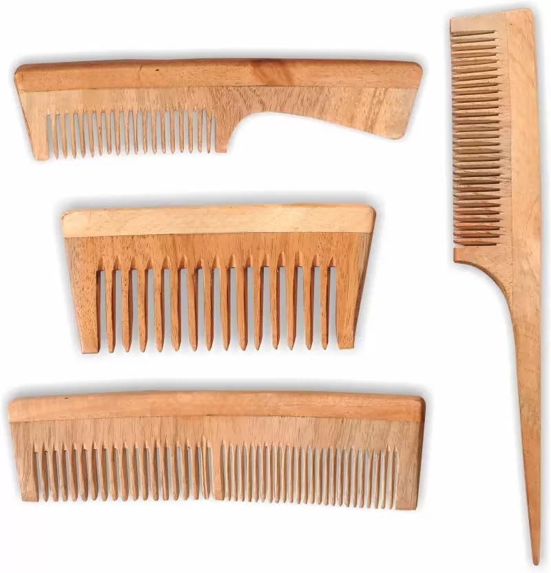 Organic Neem Wood Anti Dandruff Hair Comb Combo (pack of 4) Natural & Eco-Friendly | Hair Styling Comb with Fine & Wide Teeth Comb-image-7