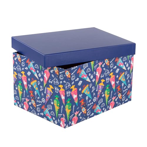 Idena 31918 - Geschenkbox mit Deckel in der Größe 31 x 24 x 18 cm Geschenkschachtel mit buntem Schultüten-Motiv für den Schulanfang