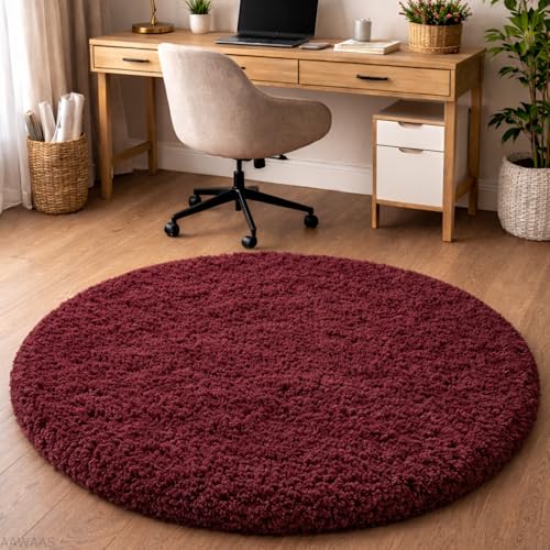 Image of Premium Polyester Shaggy Round Rug - Ultra Soft Fluffy Circle Carpet for Bedroom, Living Room, Kids Room, Anti-Skid Plush Floor Rug - (Maroon, 4 feet|120cm)