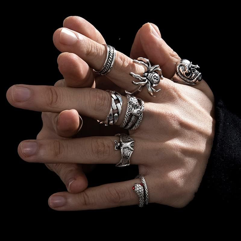 Miniatura 2 de Anillos punk góticos para hombre, anillo abierto de plata vintage, anillos hippie, anillo gótico genial, anillo apilable para hombres