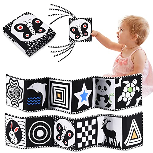 Image of Black and White High Contrast Soft Cloth Book for Baby Infant Tummy Time Baby Book Folding Educational Activity Cloth Book Crib Toys for 0-3 Years Old Newborn Toys