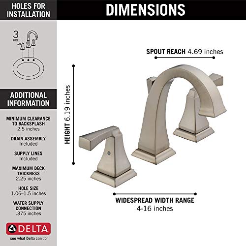 Image of Delta Faucet Dryden Widespread Bathroom Faucet, Bathroom Faucet 3 Hole, Brushed Nickel Bathroom Sink Faucet, Metal Drain Assembly, Stainless 3551-SSMPU-DST