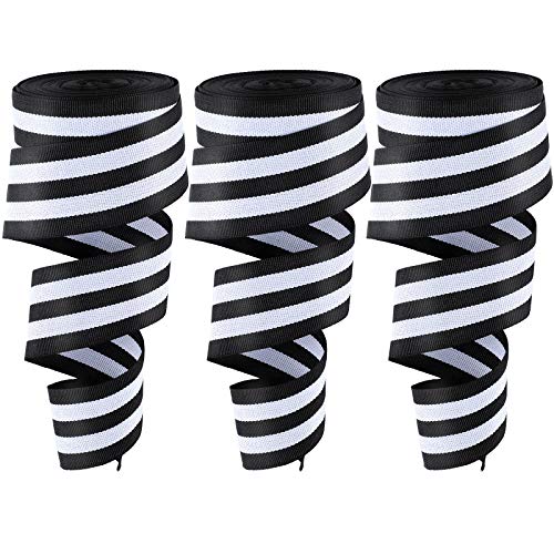 3 Rolls 1.5 Inch Black and White Striped Fabric Grosgrain Ribbon Black White Craft Striped Grosgrain Ribbon for DIY Craft Decor, Totally 30 Yards