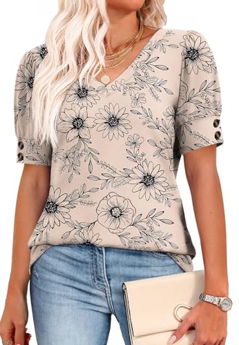 Image of OFEEFAN Womens Tops Short Sleeve Shirts Buttons V Neck Spring Fashion Summer Outfits Plus Size Blouses Dressy Casual