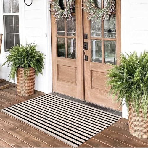 Black and White Striped Rugs 28x43 Inches Outdoor Front Porch Doormat Cotton Hand-Woven Farmhouse Layered Door Mats for Front Porch Patio Entryway Laundry Room