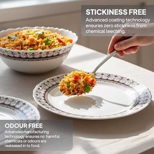 Image of CELLO Lumina Imperial Plus Series Opalware Dinner Set of 19 Pieces For Family of 6 | Bone-Ash Free & Leadfree Opal Glass Microwave & Dishwasher Safe Crockery Plates & Bowls Set For Daily Use & Gifting