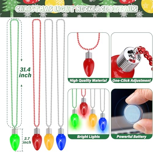 4PCS Christmas Light Necklace, Glow Christmas Necklace with Bulb Pendent, Red Yellow Green Blue 3 Modes Xmas Necklace Bulk, 3D Christmas Necklace Accessories for Ugly Sweater New Year Family Party2