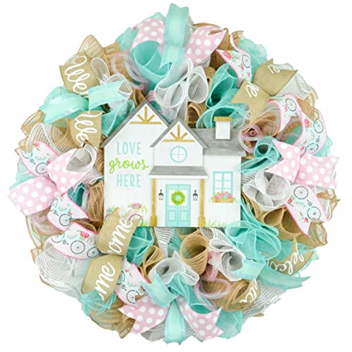 Floral-Spring-Wreath-Love-Grows-Here-Mothers-Day-Gift-Welcome-Summer-Front-Door-Decor-Everyday-Decoration-Pink-White-Jute-Blue Floral Spring Wreath Love Grows Here Mothers Day Gift Welcome Summer Front Door Decor Everyday Decoration Pink White Jute Blue