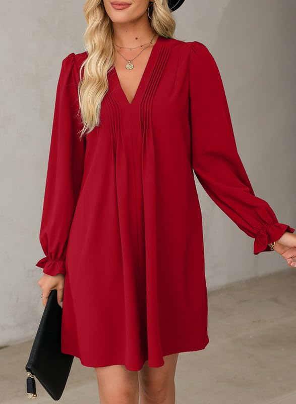 Image of Dokotoo Womens Casual Dress A-Line Ruffle Sleeve V Neck Midi Dress 2025 Fashion Pleated Flowy Sundress Loose Shirt Dresses