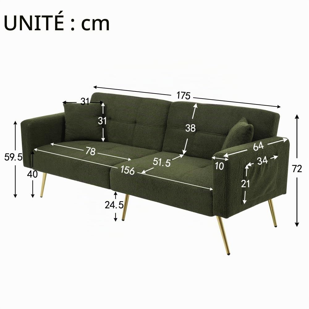 Sapgaks Canapé Convertible 2 Places avec Dossier réglable,oreillers et Poches de Rangement latérales,Canapé lit avec Fonction Sommeil,Pieds dorés,canapé 2 Places (Vert Antique)