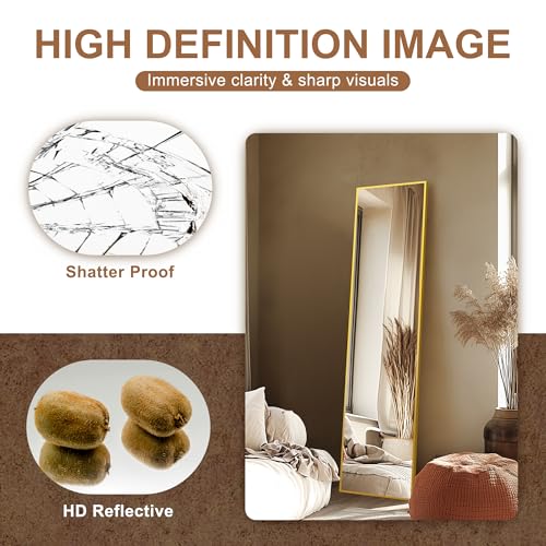 Delma Wall Mirror Full Length Mirror,Standing Mirror Full Body,Large Floor Mirror for Wall Door Bedroom Bathroom Living Room with Aluminium Frame(with Stand,Rect 56x15-Gold)