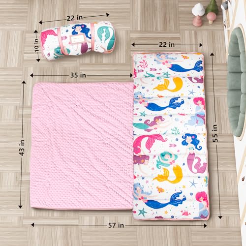 Primlect Thickened Toddler Nap Mat with Removable Pillow and Minky Blanket, Extra Large 55''x35'' Sleeping Bag, Washable, Roll up, Perfect for Daycare, Preschool, Kindergarten, Boys and Girls Mermaid