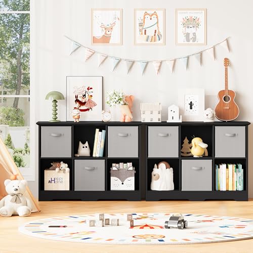 Image of 6 Cube Storage Organizer Shelf, Wood Cubby Storage with 3 Fabric Drawers, 2 Tier Wooden Bookshelf with 2 Adjustable Shelves & Fluted Side Panels for Bedroom, Living Room, Home Office, Black