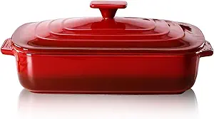 Lareina Large Ceramic Casserole Dish with Lid, 4.0 Quart Covered Rectangular Stoneware Baking Dishes for Oven, Deep 9x13 Inch Lasagna Pans for Baking and Serving, Perfect for Christmas gifts, Red