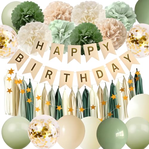 Sage Green Happy Birthday Party Decorations, Retro Green Nude Ivory Dark Olive Paper Pompoms Tassel Balloons Neutral Rustic Boho Blush Safari Botanical Greenery Wild Decor Supplies Women Girls Adults
