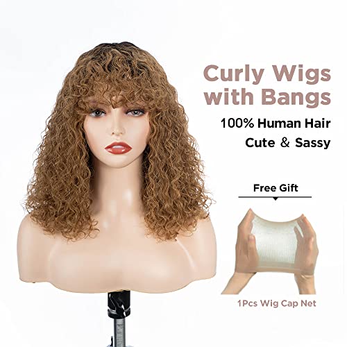 Short Curly Human-Hair Wigs with Bangs 12 Inch Jerry Curl Bob Wigs Human Hair Brazilian Virgin Human Hair None Lace Front Wigs for Black Women Machine Made Ombre Gold Wigs - Image 3