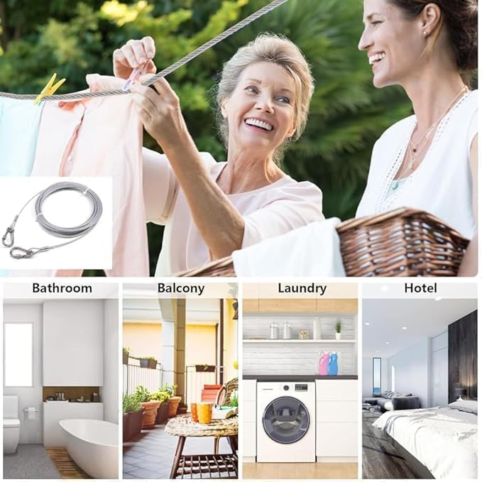 Image of 10 Meter Heavy Duty Clothes Drying Rope with Hooks | Strong Steel Clothesline for Balcony, Travel, Camping & Home Use | Rust Resistant Silver Clothes Line