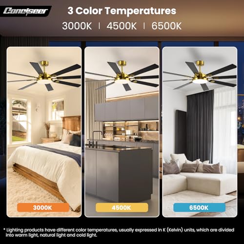 Image of 72 Inch Ceiling Fans with Lights and Remote, Dual Color 8 Blades, Bedroom Living Room Office Library Cafe Outdoor Industrial, 3CCT Dimmable, 6 Speed Reversible Quiet DC Motor, Gold /Wood Grain